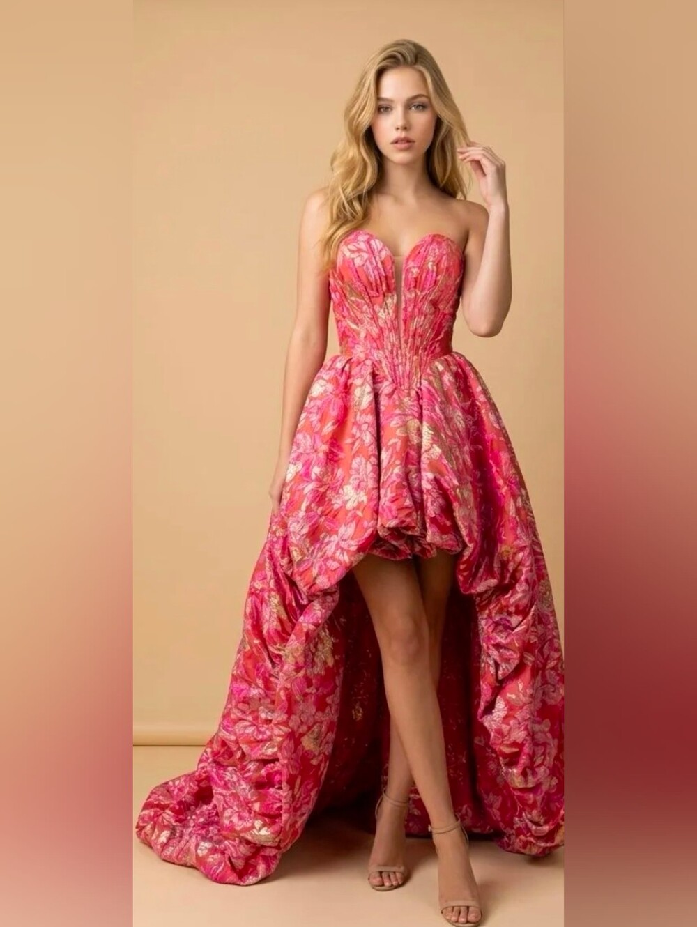 Couture NEW Pink Gold Red Brocade Strapless Ball Gown Dress Size 10 #3741